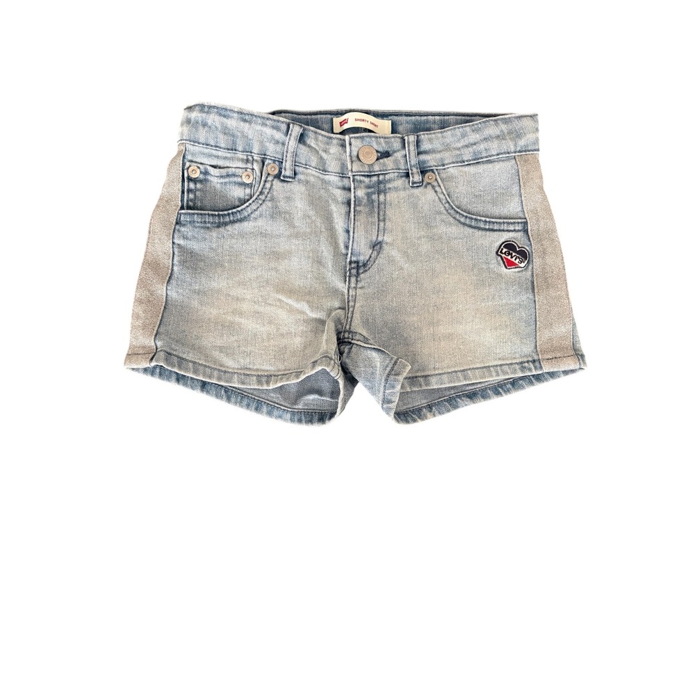 Levis Girls Shorty Short Light Wash Denim Glitter Side‎ Stripe Heart Patch 12